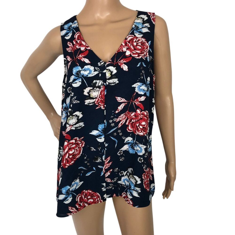 DR2 Multicolor Floral Print Tank Top V-Neck Blouse Shirt Size L Navy Office